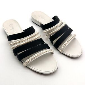 Chanel CC Logo Grosgrain Leather Pearl Straps Mules Sandals White/Black EU 38.5